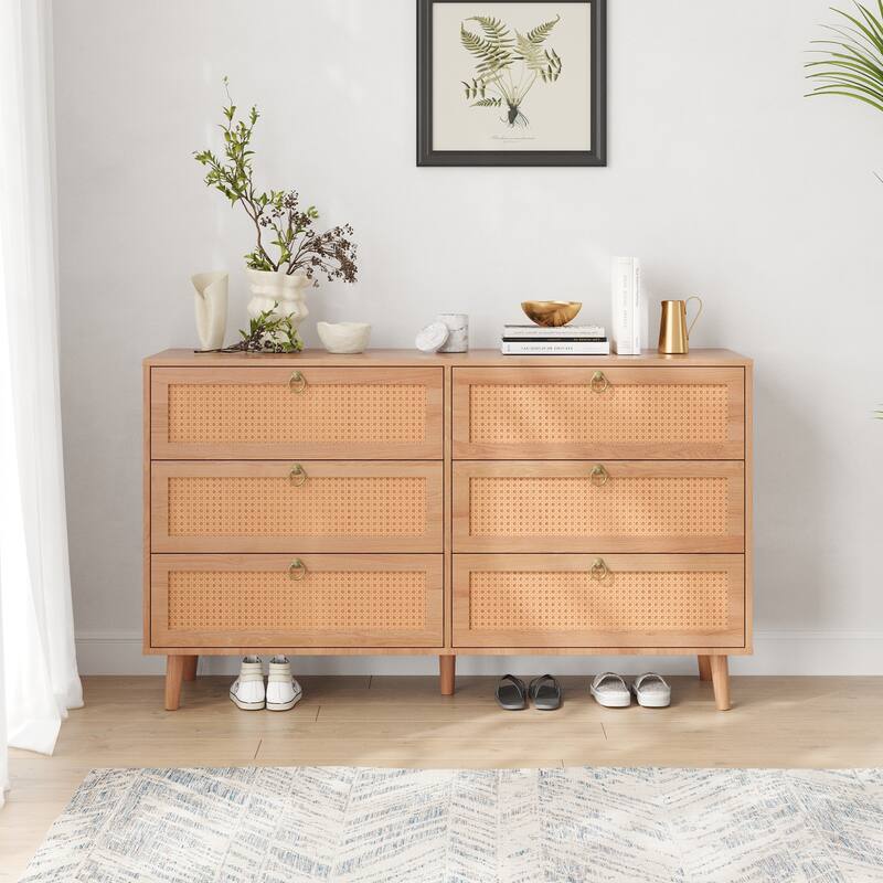 Anmytek Rattan Six Drawer Dresser Boho Storage Chest Wood Look Bedroom Living Room Accent