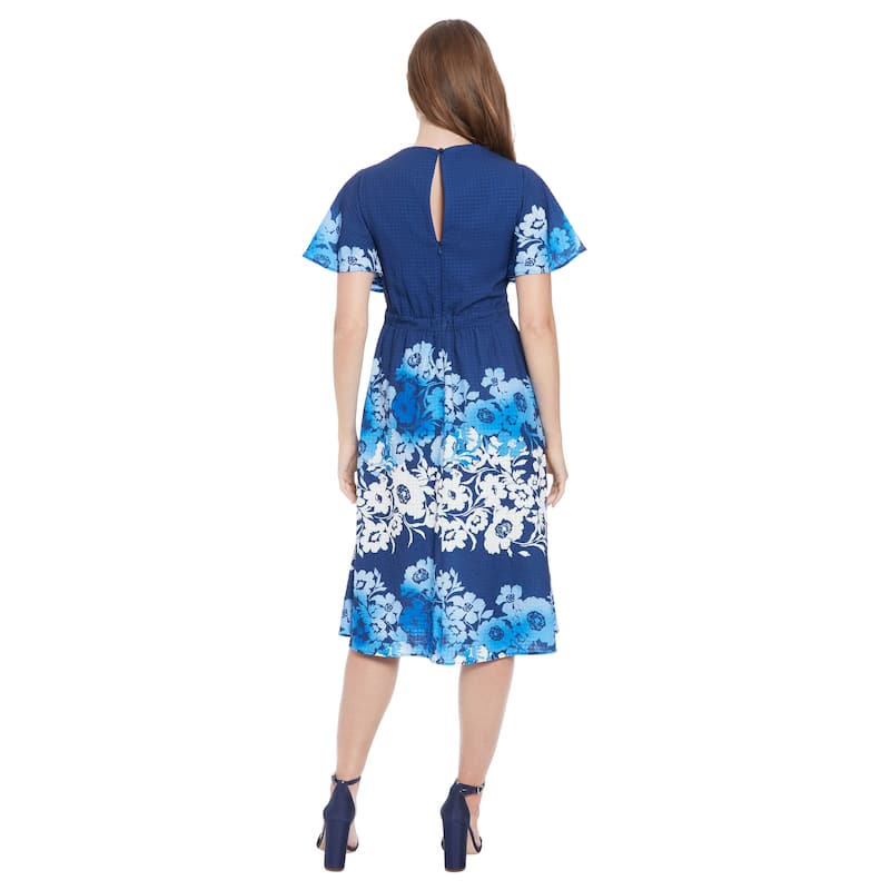 London Times Women's Flutter Sleeve V-Neck Smocked Waist Midi Dress