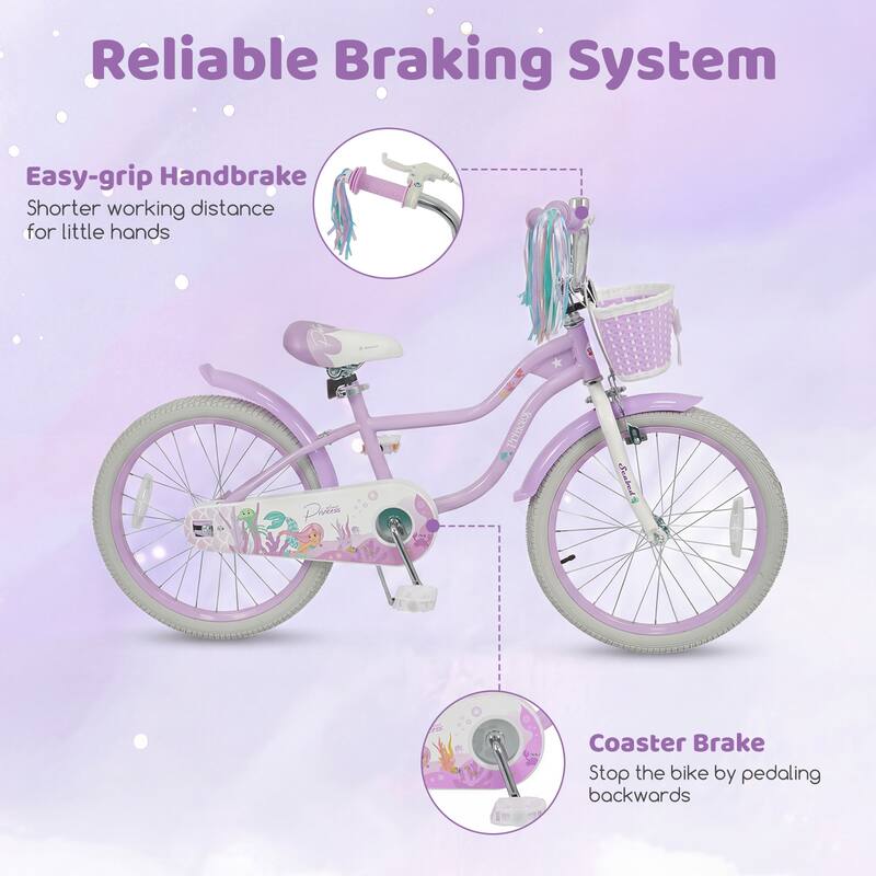 Gymax 20'' Girls Bike w/Removable Basket Streamers Hand Brake &