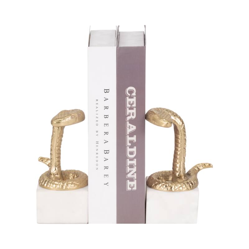 Decorative Faux Snake on Marble Base Bookends - Set of 2", 9", Gold - 9.0"
