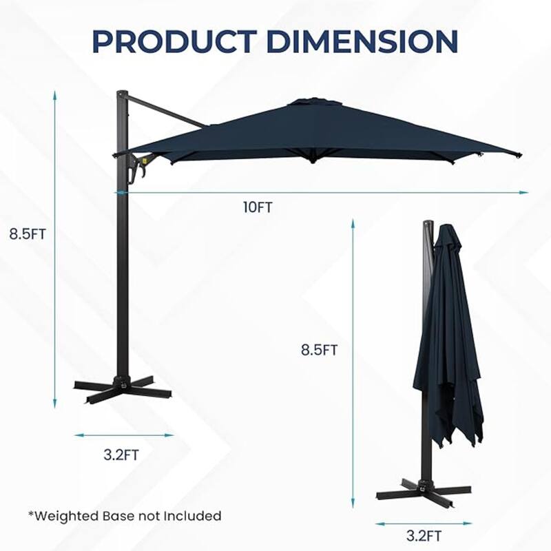 10 Ft Blue Square Cantilever Patio Umbrella with 360° Rotation Tilt Adjustment without base.