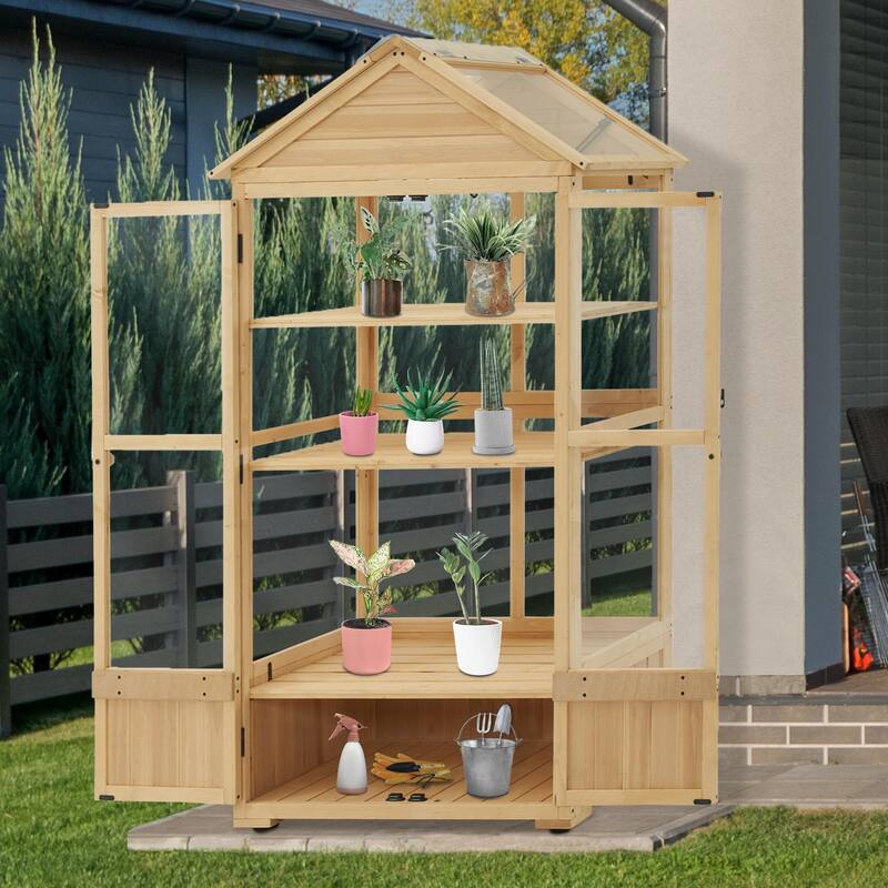 MCombo Cold Frame Greenhouse with Adjustable Shelves, Solid Wood 0847 - Wood