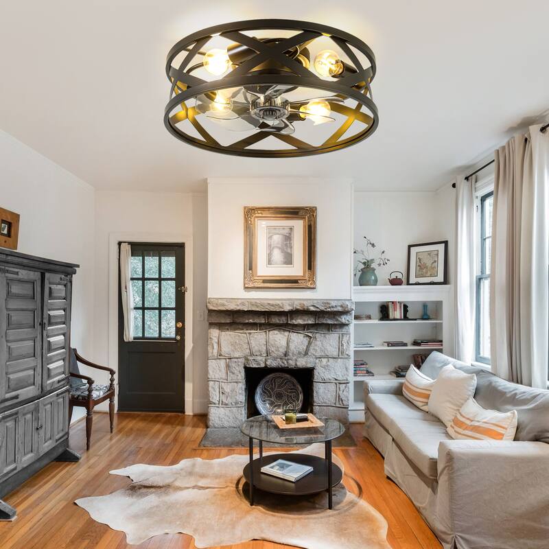 Bella Depot 20" Black Cage Flsuh Mount Ceiling Fan with Light and Remote