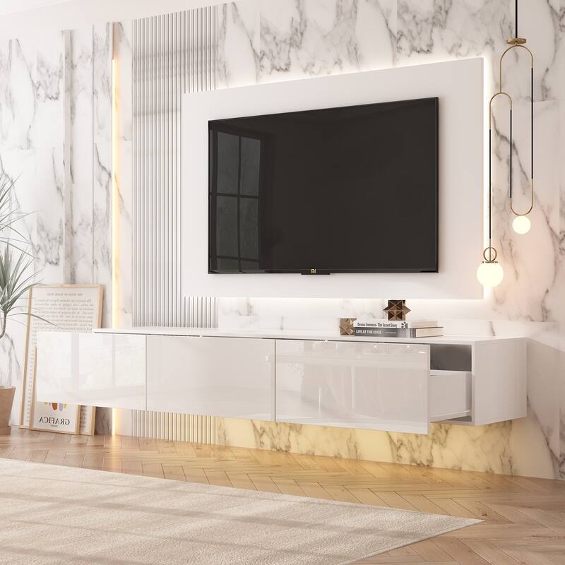 63" Floating Entertainment Center, Wall Mount LED TV Stand High Gloss - White