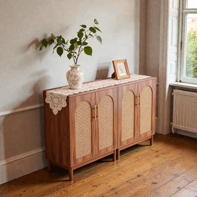 Modern Rattan Sideboard Buffet Cabinet with Storage, 4 Door Credenza for Dining Room Living Room Coffee Bar