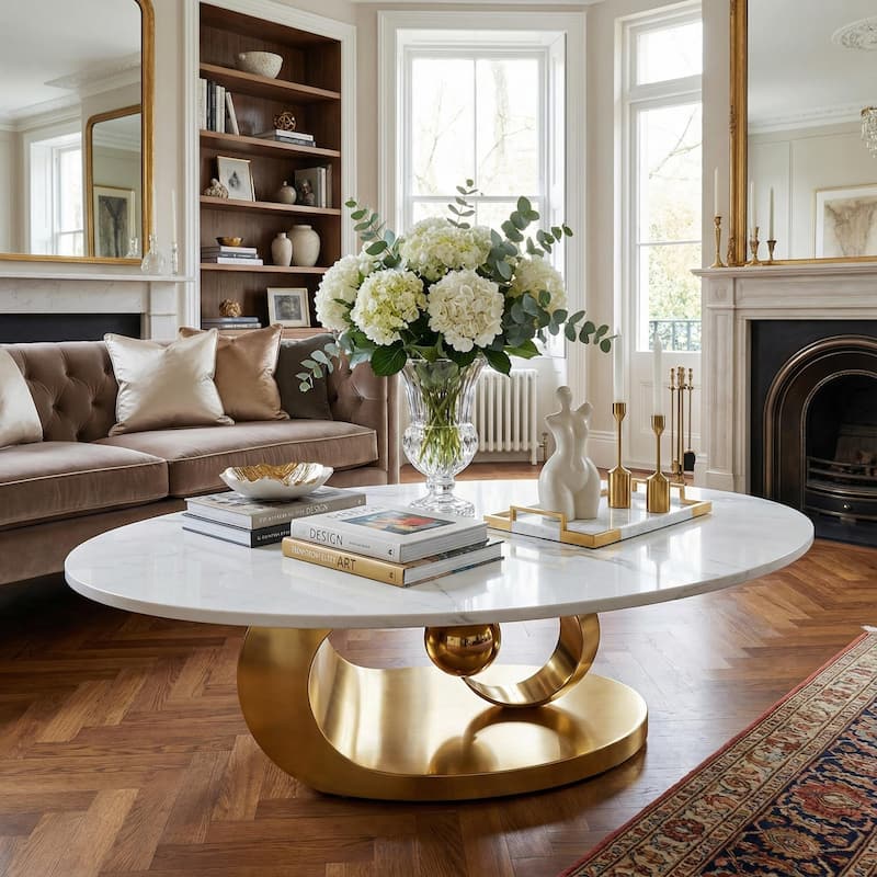 Homy Casa Luxury Oval Coffee Table, High-Gloss Faux Marble Top, Electroplated Brushed Stainless-Steel Sculptural Christmas Gift