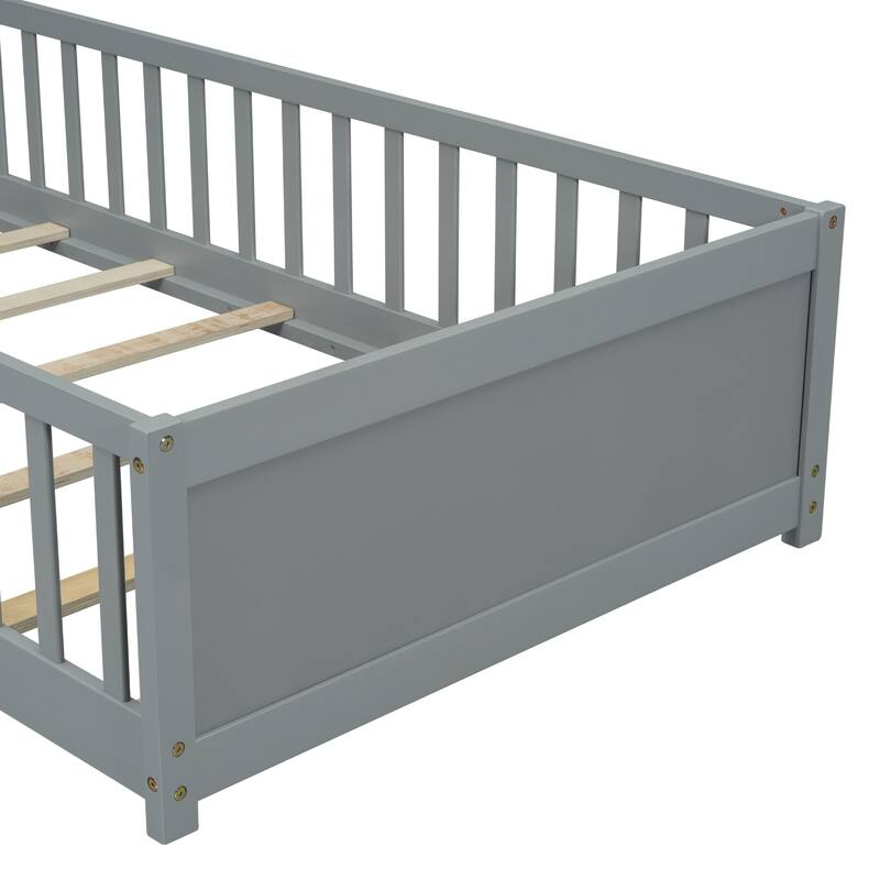 Twin size Floor Platform Bed with Built-in Book Storage Rack, Door