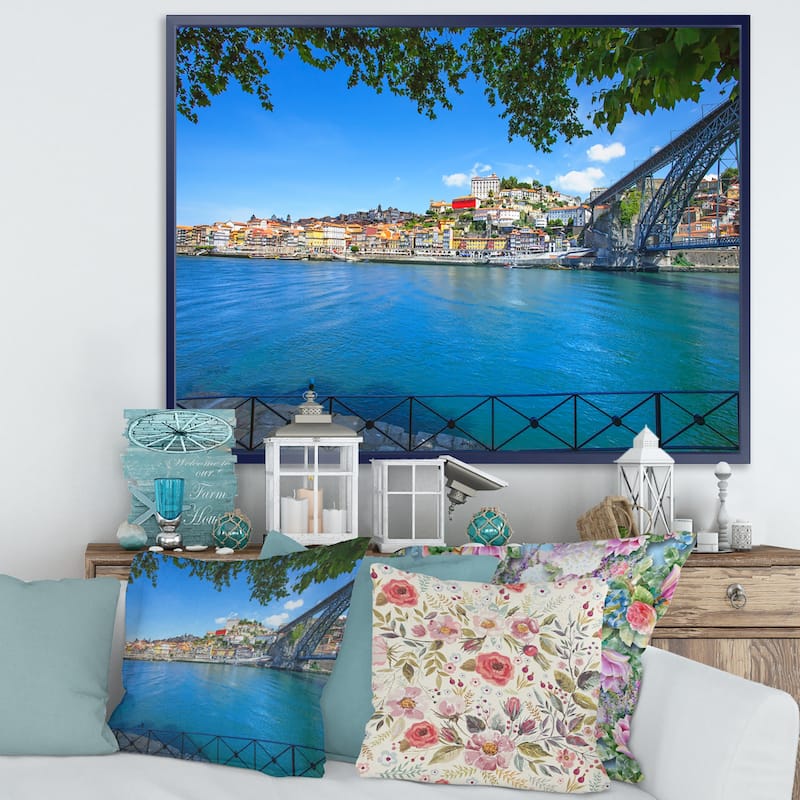Designart "Douro River and Iron Bridge Portugal" Extra Large Landscape Framed Canvas Art
