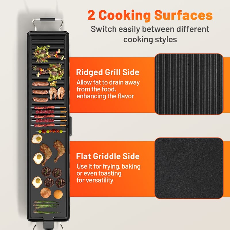 6" Black Aluminum Nonstick Electric Griddle with 2 Anti-Scald Handles and 4 Non-Slip Foot Pads - 46" x 9.5" x 4" (L x W x H)