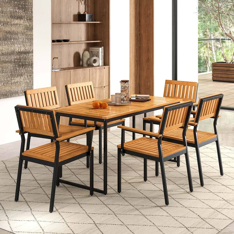 Costway 7 PCS Outdoor Dining Set for 6 with Metal Frame Umbrella Hole - 7 PCS - 7 PCS - as pic shows
