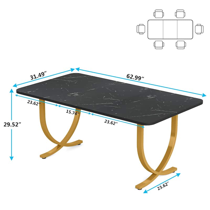 Rectangular Dining Table for 4 to 6, 63 Inch Modern Kitchen Table with Faux Marble Table Top and Metal Legs