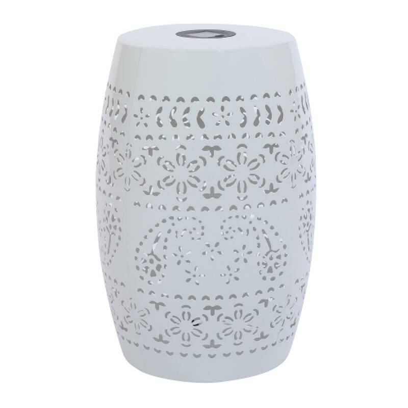 Roomfitters Solar Powered Garden Side Table, Metal Outdoor End Table with Decorative Floral Cutouts and LED Light, White