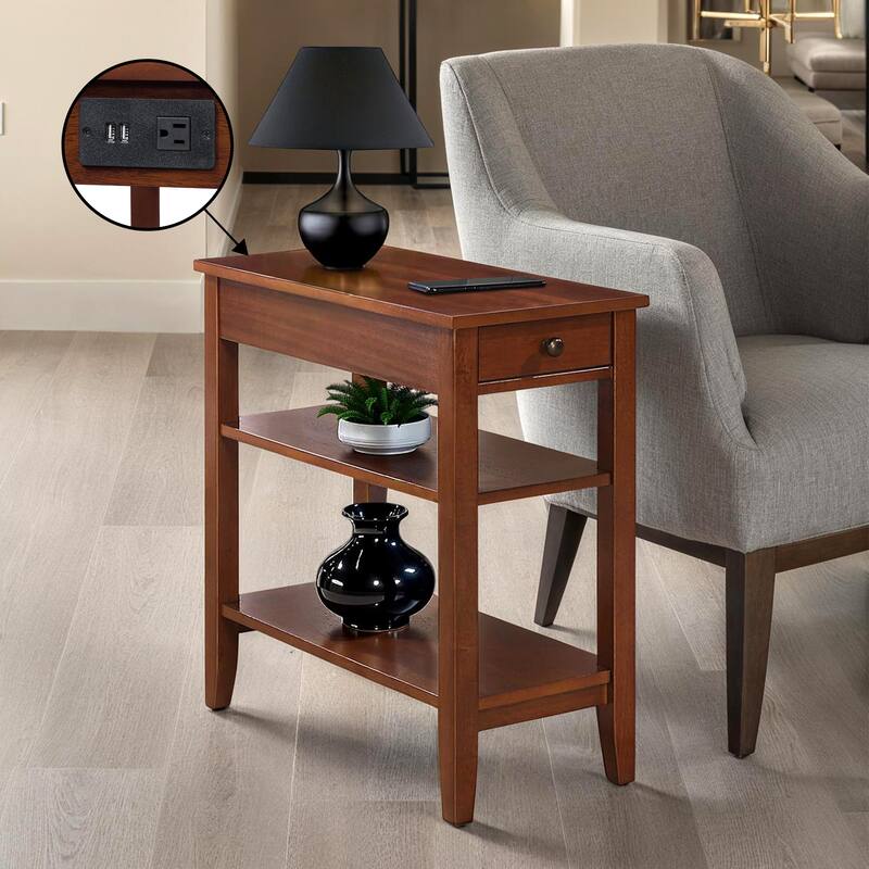 Convenience Concepts American Heritage 1 Drawer Chairside End Table with Charging Station and Shelves
