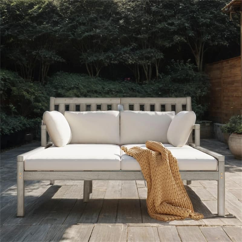 Outdoor Wood Daybed with Four Pillows and Curved Armrests