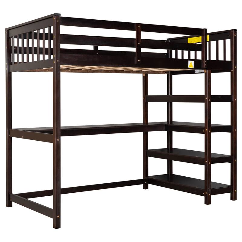 Twin Size Loft Bed with Storage Shelves and Under-bed Desk in Espresso
