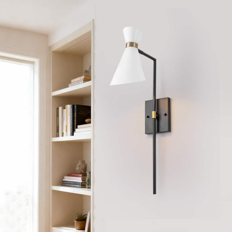 1-Light Black Indoor Wall Sconce with White Cone Metal Shade Modern