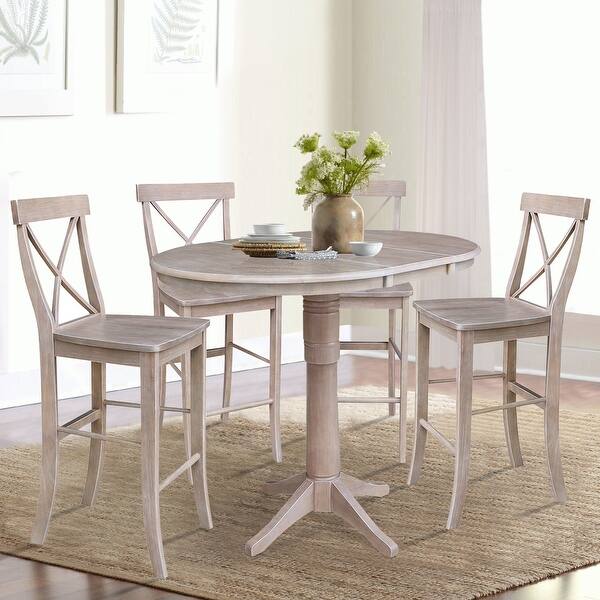 36 Round Extension Dining Table With Four Barheight Stools Washed Gary Taupe On Sale Overstock 27439329