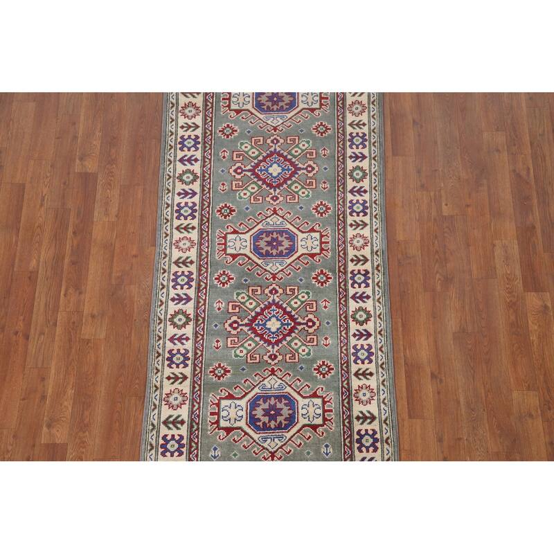 Hand Knotted Oriental 100% Wool Carpet Traditional Geometric Green Kazak Area Rug - 6' 3'' X 2' 9''