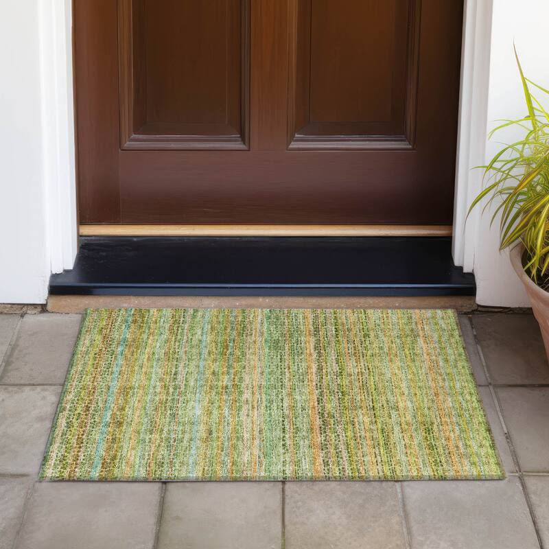 Machine Washable Indoor/Outdoor Transitional Striped Chantille Rug - Green - 1'8" x 2'6"