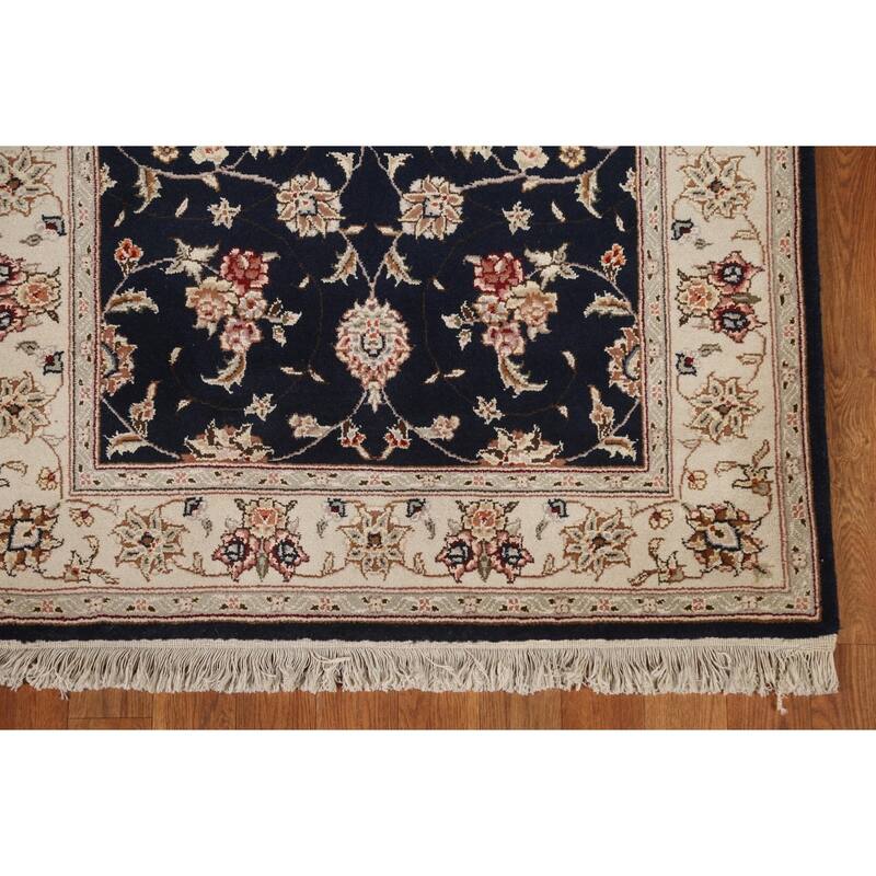Hand Knotted Oriental Wool & Silk Carpet Traditional Floral Navy Blue & Blues Tabriz Area Rug - 4' 11'' X 3' 1''