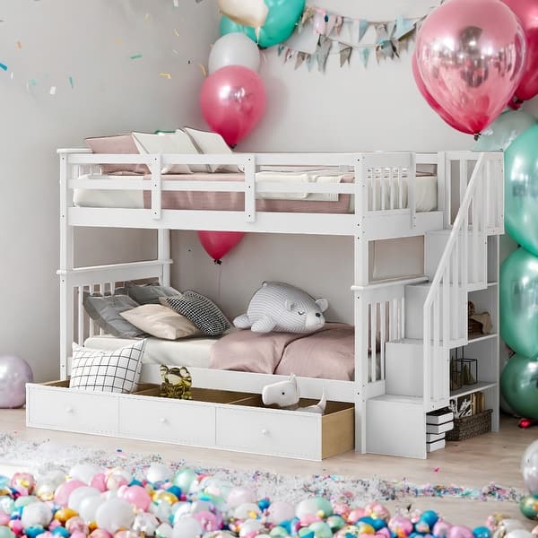slide 2 of 19, Modern Twin Over Twin Bunk Bed With Three Drawers And Solid Construction For Bedroom,Kids White