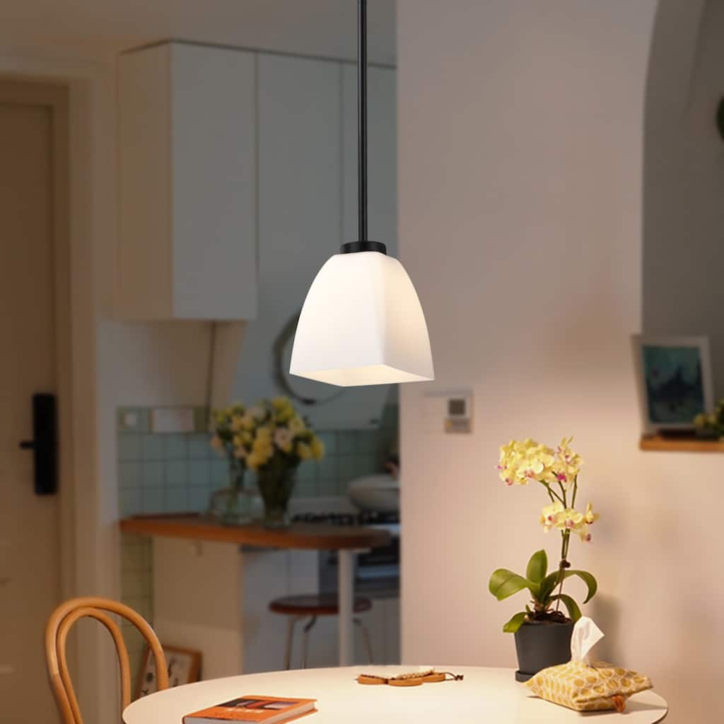 1-Light Matte Black Mini Pendant with Pyramid Shaped Etched White Glass Shade