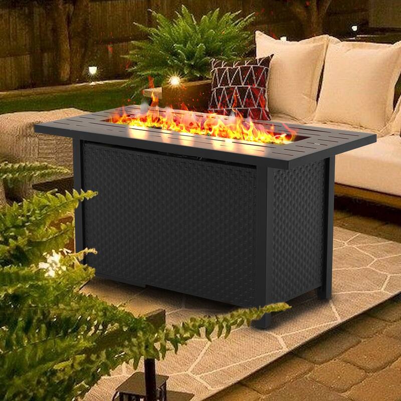 45 inch Outdoor Propane Fire Pit 50,000 BTU Gas Fire Pit Table with Lid, Glass Wind Guard, Rectangle Gas Firepit Table