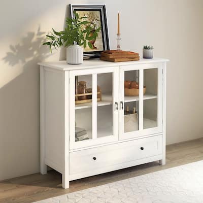 White Buffet Cabinet with Double Glass Doors,Unique Bell Handle