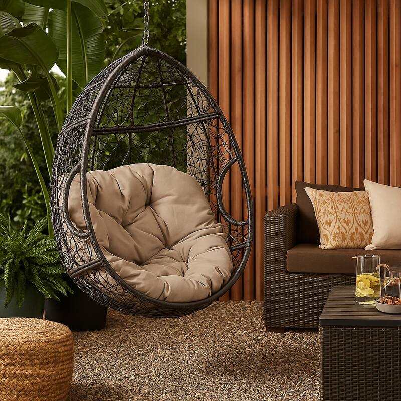 Patio Hanging Basket Swing Chair, 49 Inch, Brown Rattan and Metal
