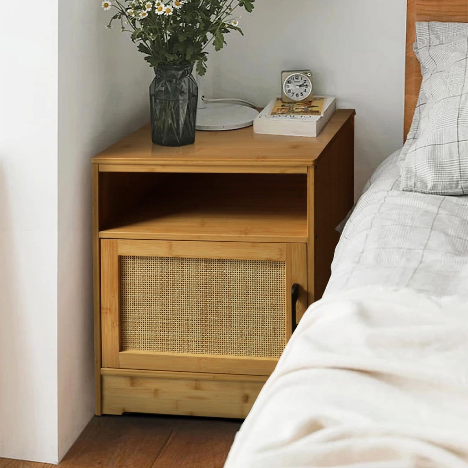 VEIKOUS 17.7 in. W Bamboo Nightstand with Rattan Doors and Storage