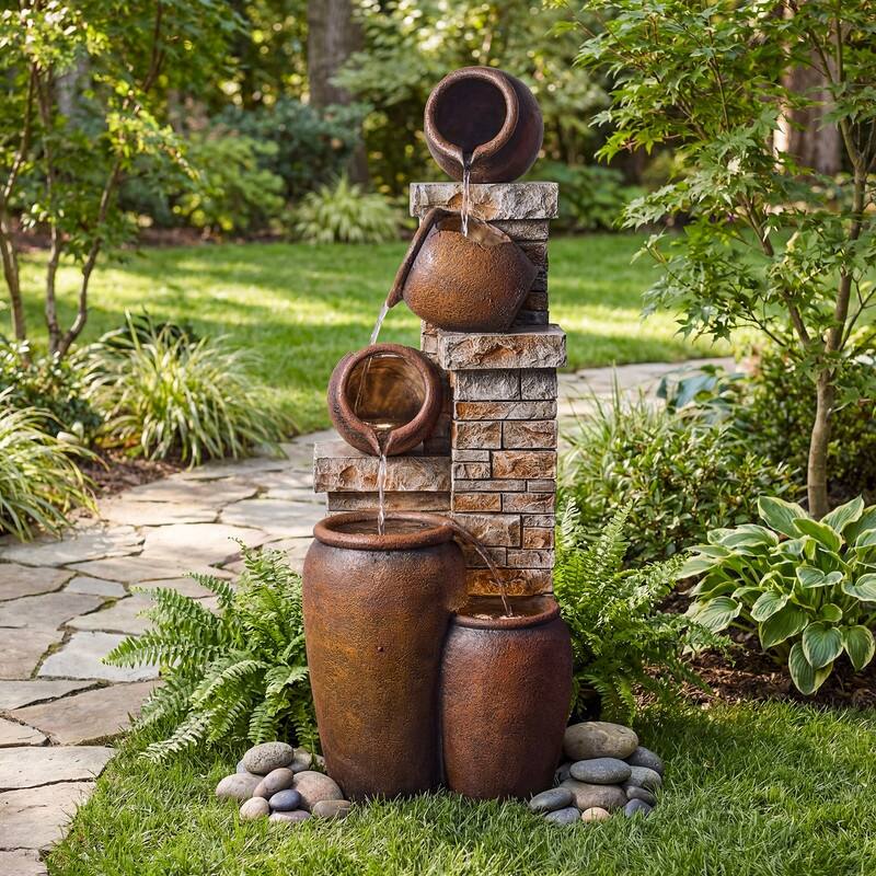 44.09" Glazed Terracotta Pots Polyresin Cascade Water Fountain Weather Resistant