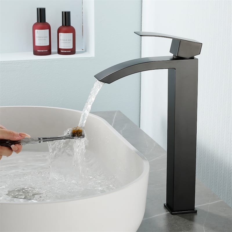 Waterfall Single Handle Bathroom Vessel Sink Faucet with Pop-up Drain 304 Stainless Steel 1 Hole High Tall Basin Vanity Faucets