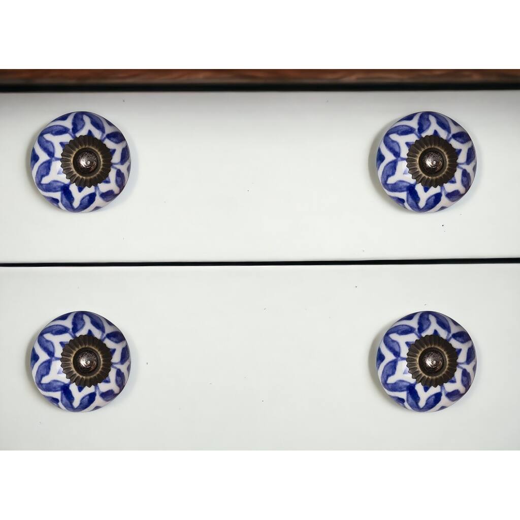 HomeRoots Set of Eight Blue And White Ceramic And Metal Drawer Pull Knobs - 1.5' X '1.5' X '1.5
