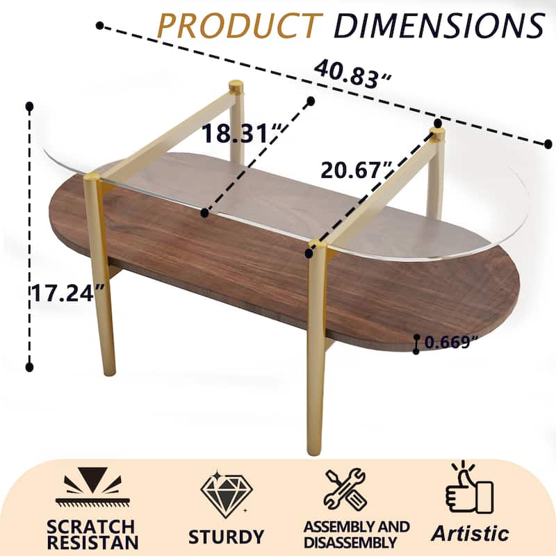 41 inch Medieval Modern Oval Glass Coffee Table, Double-Layer Storage with Transparent Top & MDF Base