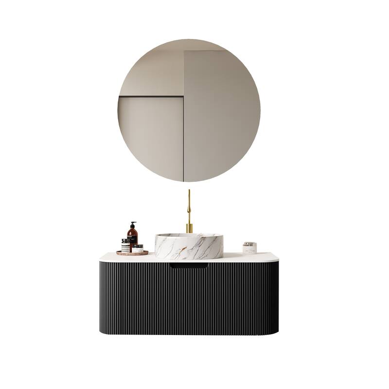 24 Inch/30 Inch/36 Inch Wall-Mounted Bathroom Vanity Cabinet with Counter Top Sink, Round Ceramic Basin with Stone Pattern