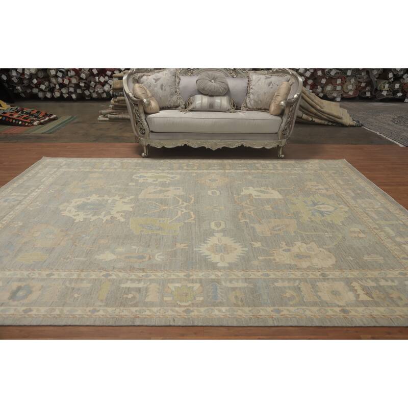 Vegetable Dye Wool Oushak Turkish Area Rug, Floral Geometric Carpet - 12' 0'' X 8' 10''