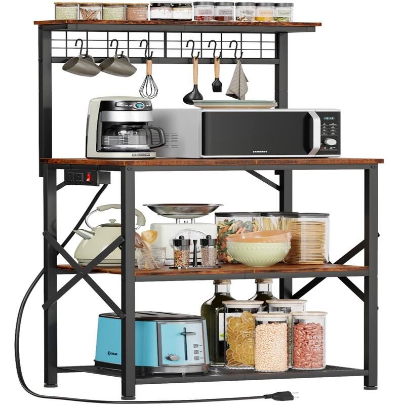 Kitchen Bakers Rack with Power Outlet - 15.16"D x 21.65"W x 49.6"H - Rustic Brown - 15.16"D x 21.65"W x 49.6"H