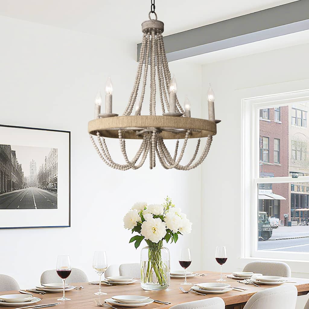 Coastal 6-Light Wood Beaded Wheel Candle Chandelier - 21.7-in W x 22.7-in H