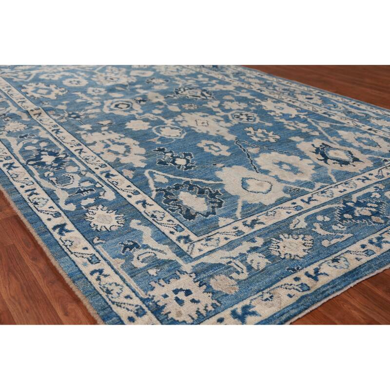Hand Knotted Oriental 100% Wool Carpet Transitional All-Over Navy Blue & Blues Oushak Area Rug - 9' 4'' X 6' 4''