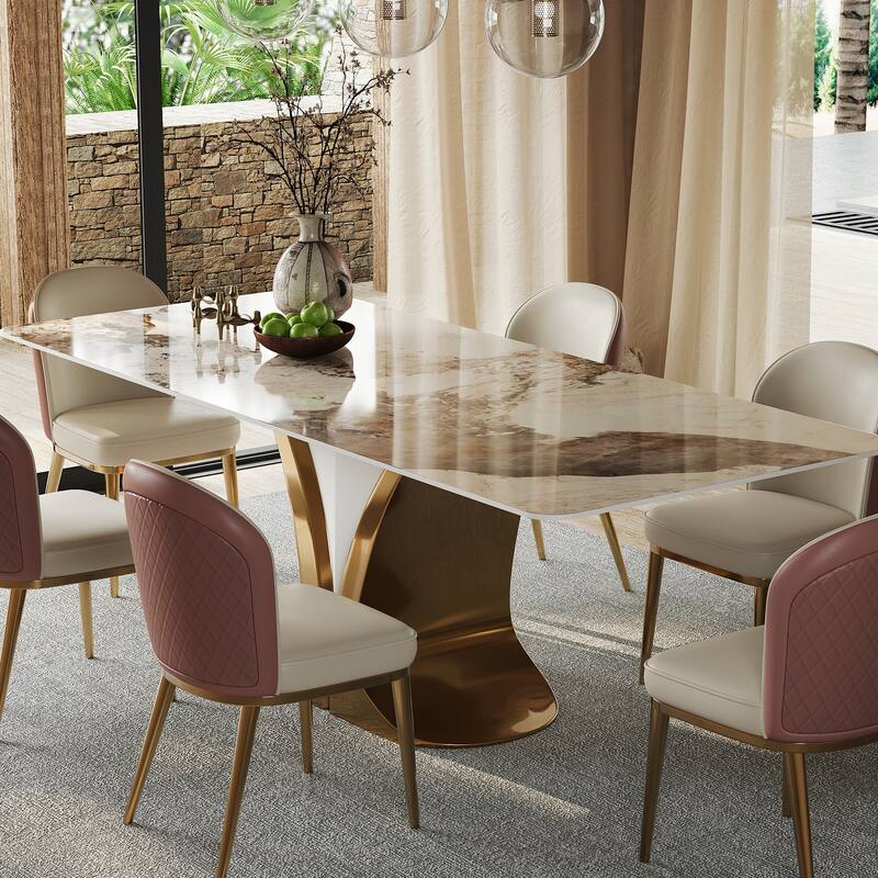 Modern Faux Marble Dining Table with Gold Stainless Steel V-Legs Rectangle 78 in.