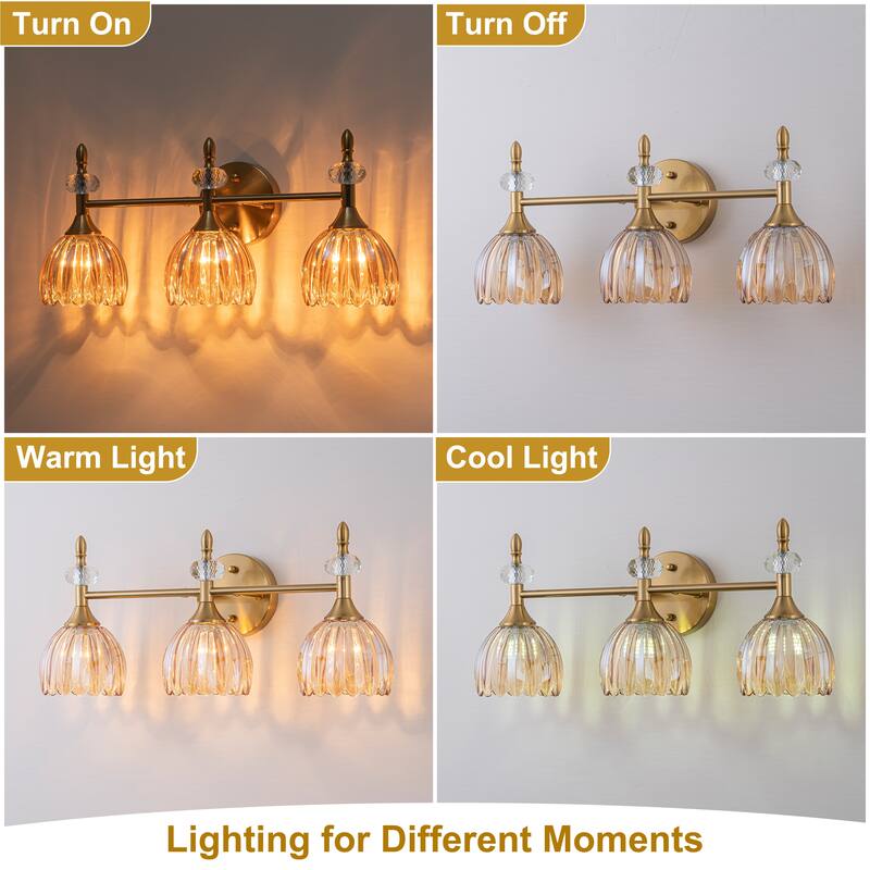 Starsky 3-Light Tulip-Inspired Floral Wall Sconce with Green or Amber Glass Shades, for Bathroom, Bedroom, Hallway