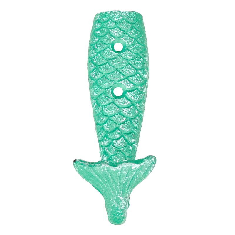Set Of 8 Cast Iron Mermaid Tail Wall Hooks Green Nautical Coastal - 5 X 1.5 X 1.5 inches