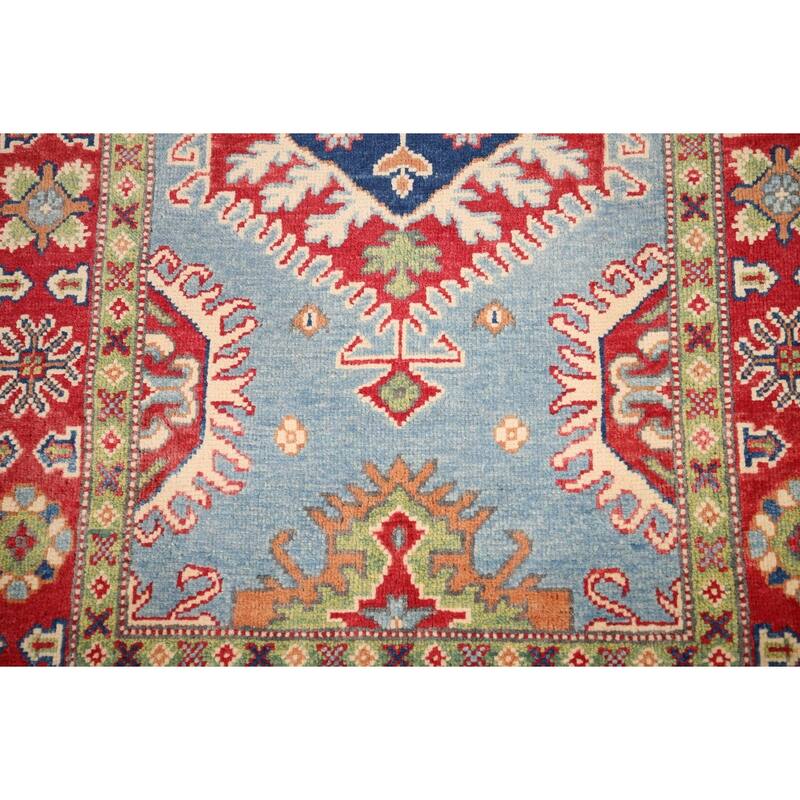 Light Blue Geometric Kazak Rug Entryway Hand-Knotted Wool Carpet - 3'1" x 4'11"