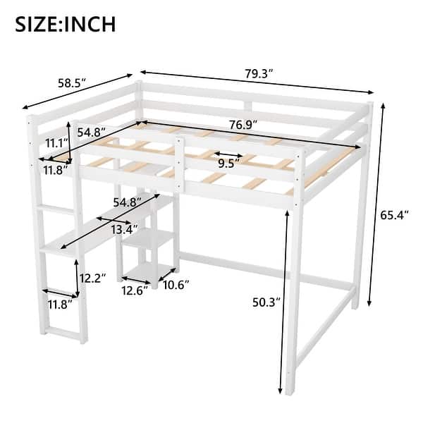 dimension image slide 1 of 2, Full Size Bedroom Loft Bed with Built-in Desk and Shelves Wooden support