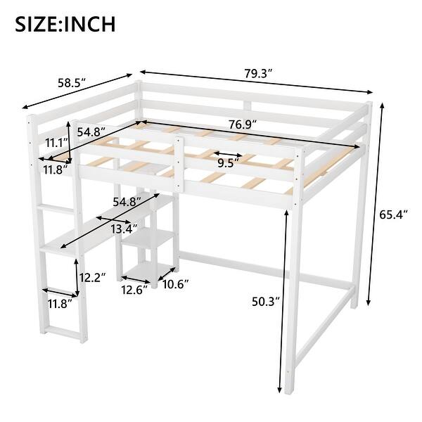 dimension image slide 0 of 2, Full Size Loft Bed Wood Bed Frame with Built-in Desk and Shelves, Full Length Safety Guardrail for Kids Teens Bedroom/Dorm
