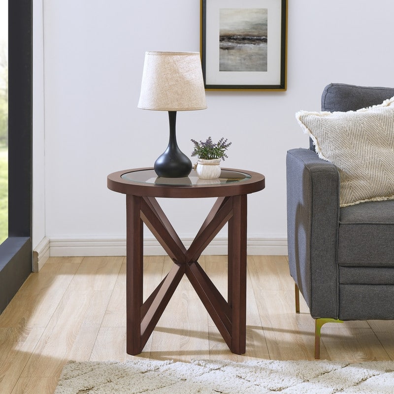Modern Round Glass Coffee Table with Solid Wood Base - Tempered Glass Top for Living Room, Terrace, Study