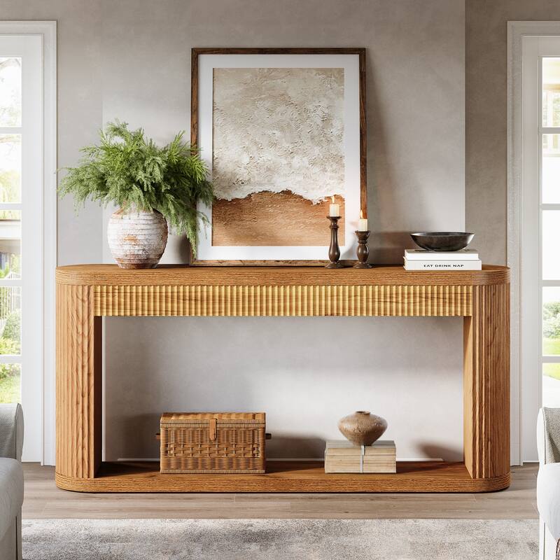 63-In Fluted Console Table for Entryway, 2 Tier Narrow Sofa Table with Storage - 11.81"D x 62.99"W x 31.5"H