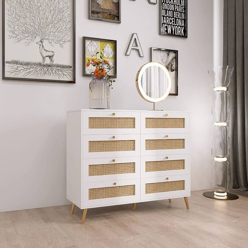 Modern Dressers Chest with 8-Drawer and Rattan Faces, Golden Legs, and Handles