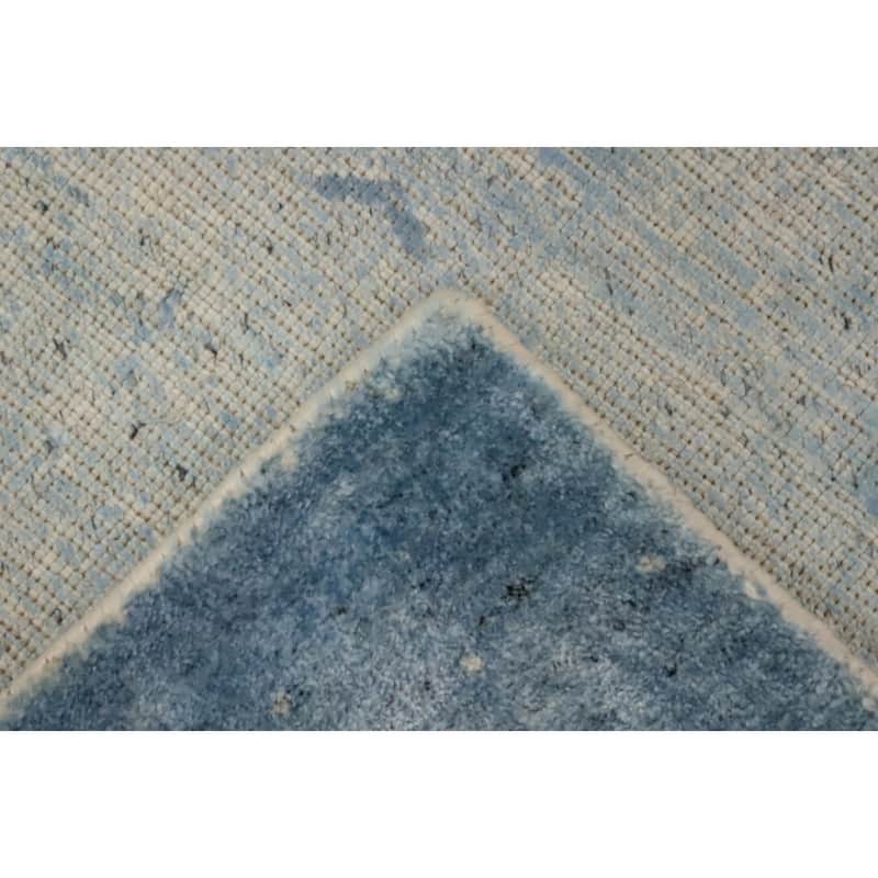 Hand Knotted Oriental Viscose Silk Carpet Modern Pictorial Navy Blue & Blues Abstract Area Rug - 8' 0'' X 5' 0''