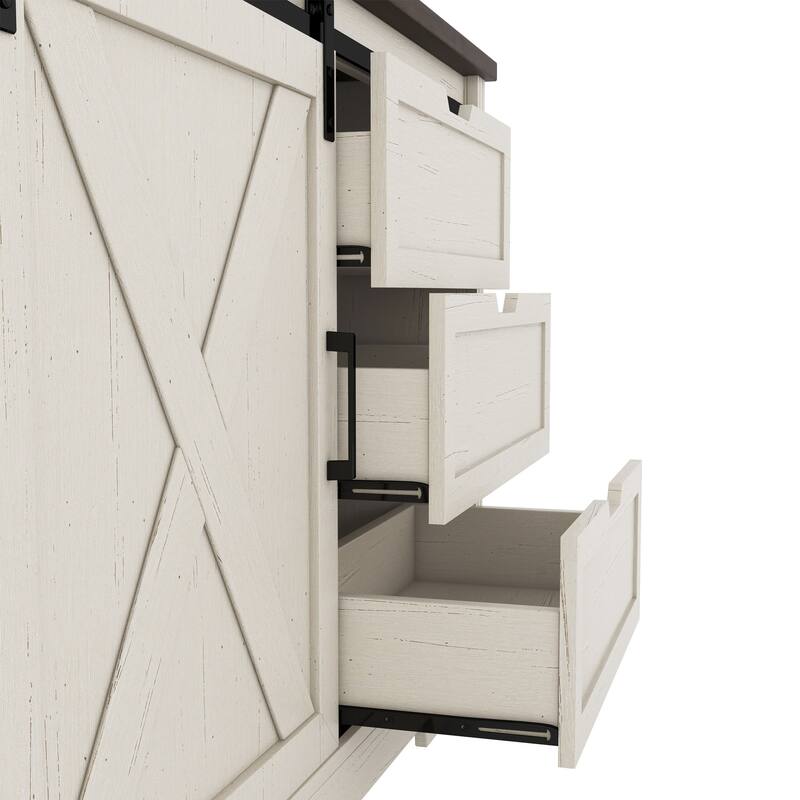 Farmhouse Sliding Barn Doors Sideboard Storage Cabinet with 3 Drawers, Dining Room Buffet Cabinet Dresser Bar Chest